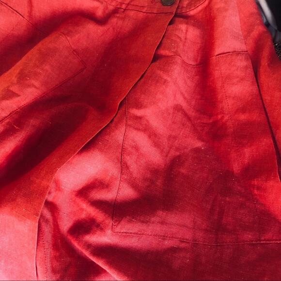 ANTHROPOLOGIE Red Pink Ruffle Tiered Silk Linen Wrap Mini Knee Length Skirt 0 - Picture 7 of 8